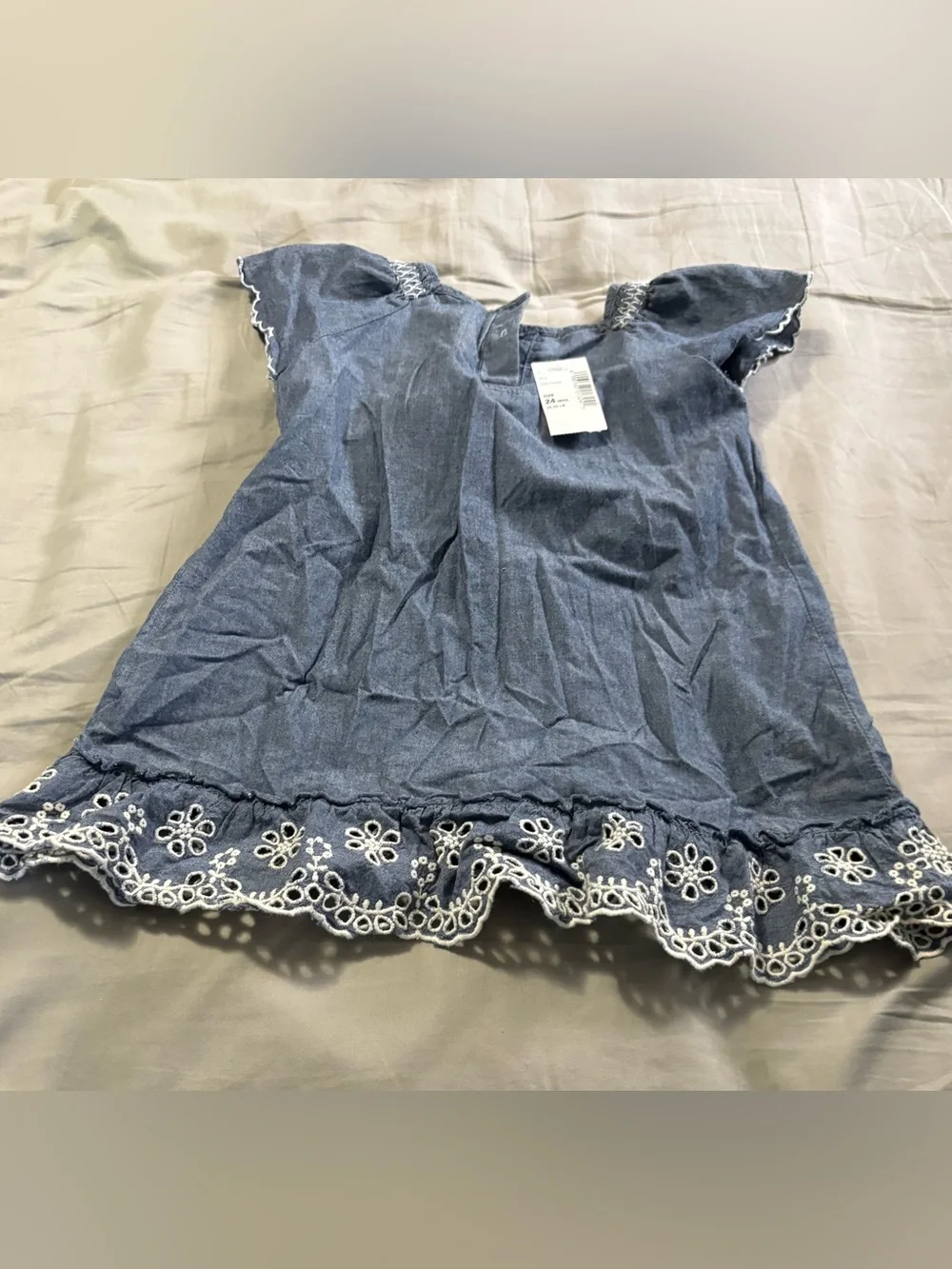 The Children's Place Navy Blue Chambray Smocked Dress with White Embroidery